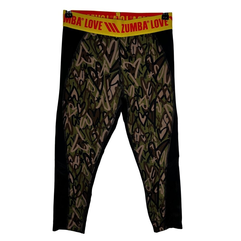 Zumba We Ar Lovely Camouflage and Hearts Graffitti Dance Leggings Sz‎ L Colorful